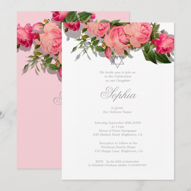 Invitation Jeune fille juive baptisant Hébreu Floral rose (Devant / Derrière)