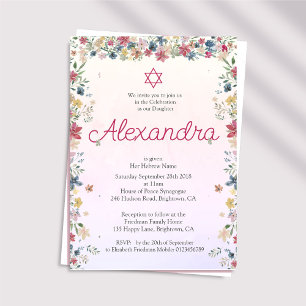 Invitation Jeune Fille Juive Bébé Appelant Floral Rose Étoile