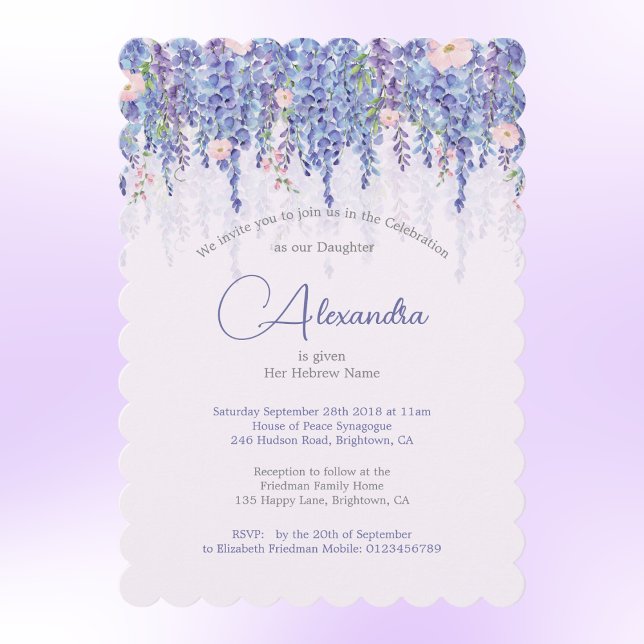 Invitation Jeune Fille Juive Bébé Nommer Floral Lavender Élég (Créateur téléchargé)