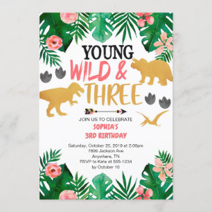 Invitation Jeune fille sauvage et trois dinosaures 3e anniver