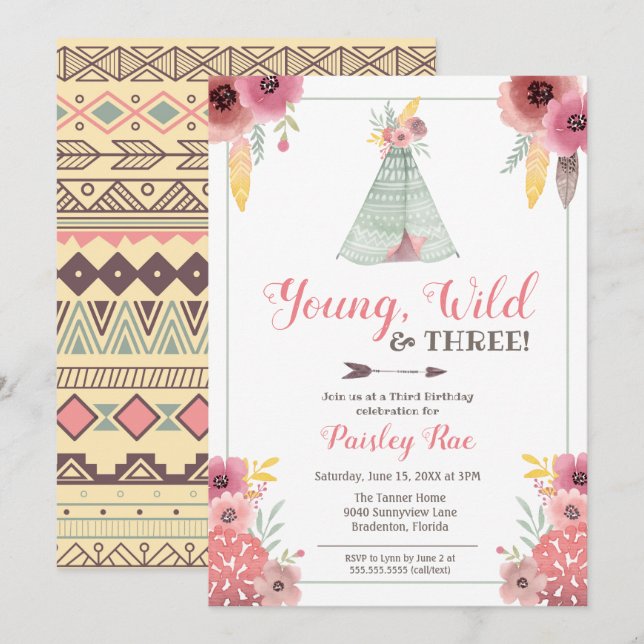 Invitation Jeune Fille sauvage et trois Filles de Boho Troisi (Devant / Derrière)