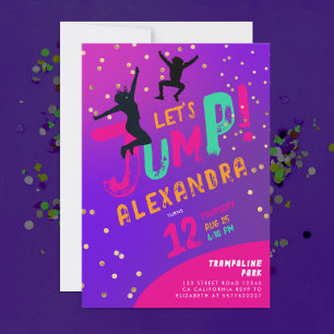 Invitation Jeune Fun Fun Girl Purple Pink Trampoline Jump Bou