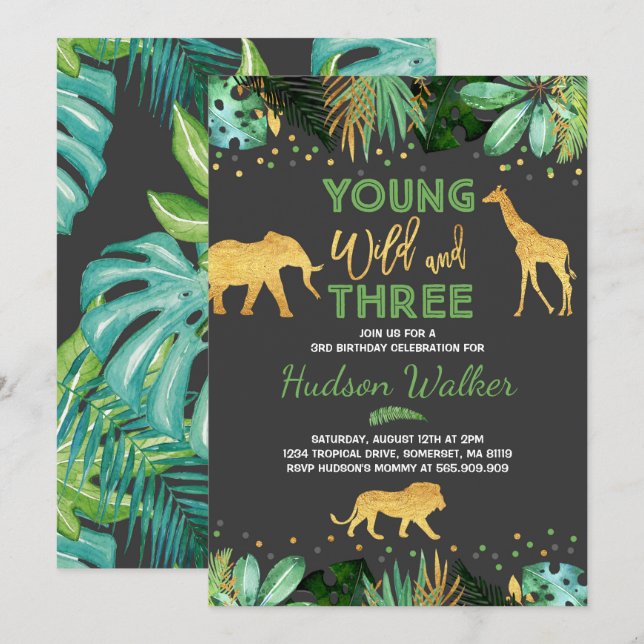 Invitation Jeune jungle sauvage et de trois anniversaires (Devant / Derrière)