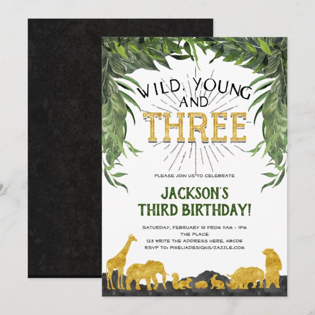 Invitation Jeune sauvage et trois, animal Safari, 3e annivers (Devant / Derrière)