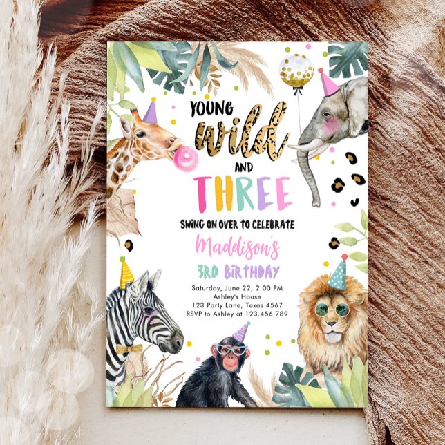 Invitation Jeune sauvage et trois animaux de la fête Safari A (Créateur téléchargé)