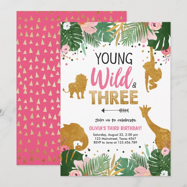 Invitation Jeune sauvage et trois animaux Safari Fille Annive (Devant / Derrière)