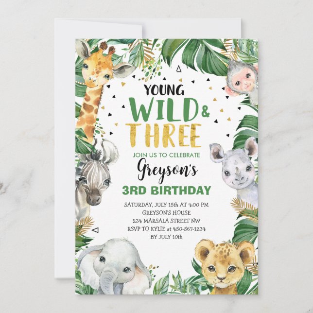 Invitation Jeune Sauvage & Trois Floral Garçon Jungle 3e Anni (Devant)