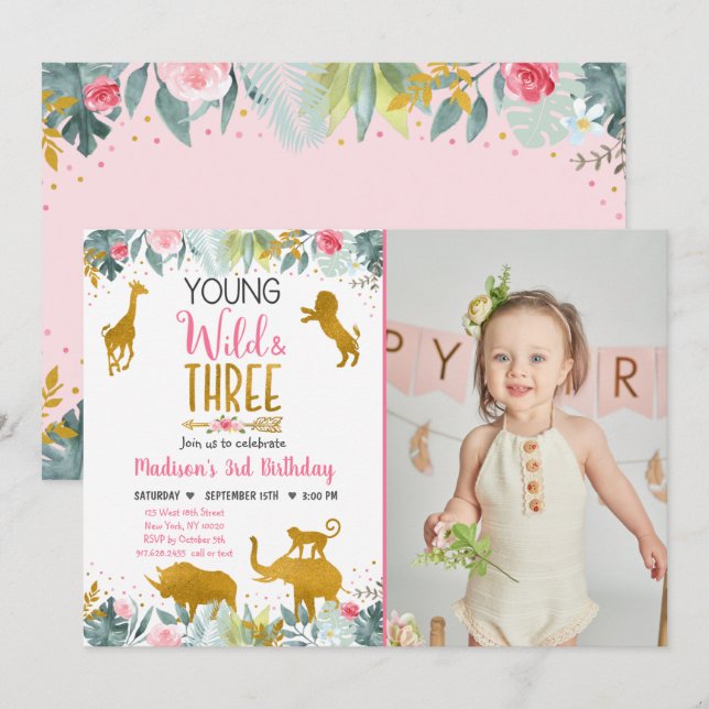Invitation Jeune Wild Et Trois Pink Gold Safari Anniversaire (Devant / Derrière)