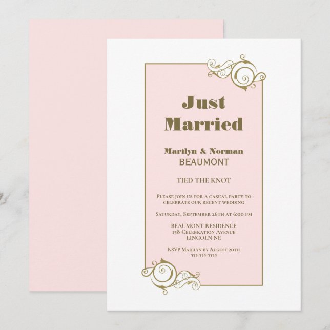 Invitation Jeunes Mariés Cadre Doré Réception de Mariage Rose (Devant / Derrière)