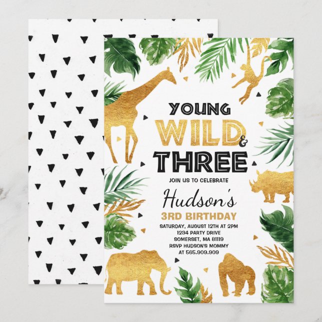 Invitation Jeunes trois d'anniversaire de safari animaux (Devant / Derrière)