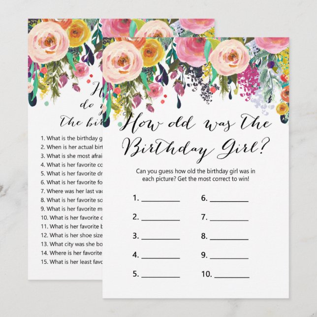 Invitation Jeux d'anniversaire floraux x2 - jeu téléphonique| (Devant / Derrière)