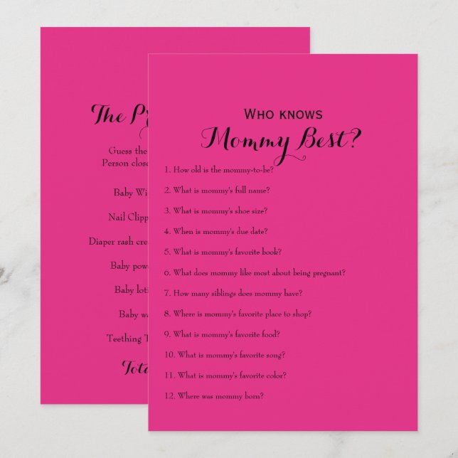 Invitation Jeux de Baby shower rose chaud double face (Devant / Derrière)