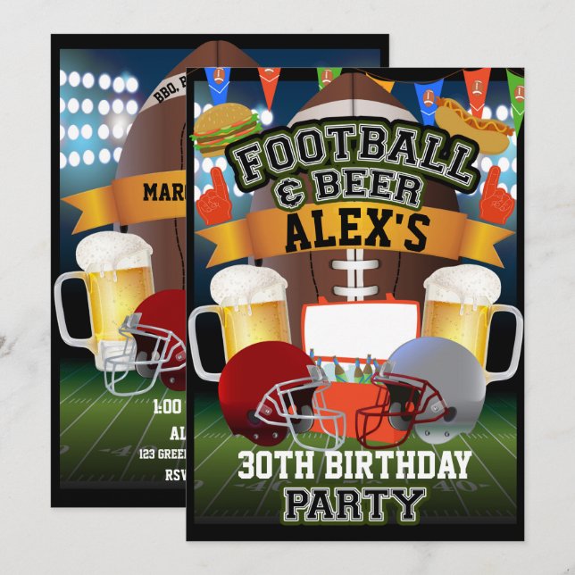 Invitation Jeux de sport Football & Bière Fête d'anniversaire (Devant / Derrière)