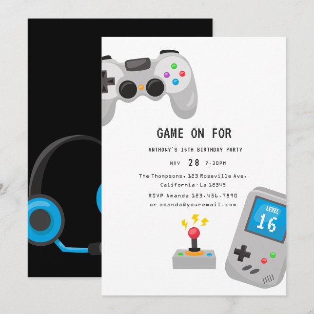 Invitation Jeux vidéo fête d'anniversaire (Devant / Derrière)