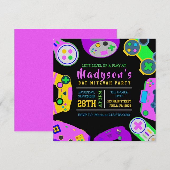 Invitation JEUX VIDÉO JEU Fille Bat mitzvah Soirée (Devant / Derrière)