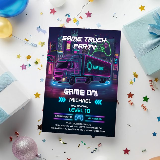 Invitation Jeux Vidéo pour enfants Camion fête d'anniversaire (Game Truck Birthday Party Invitation)
