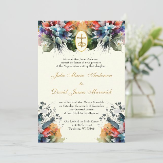 Invitation Jewel Toned Catholique Mariage et réception (Debout devant)