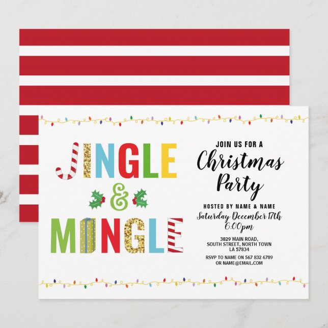 Invitation Jingle et Mingle Fête de Noël Vacances Holly (Devant / Derrière)