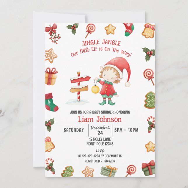 Invitation Jingle Jangle Little Elf, Baby shower de Noël (Devant)