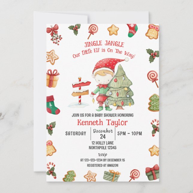 Invitation Jingle Jangle Little Elf, Baby shower de Noël (Devant)