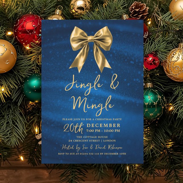 Invitation Jingle Mingle Christmas Gold Bow Silver Blue  (Jingle Mingle Christmas Gold Bow Silver Blue Invitation)