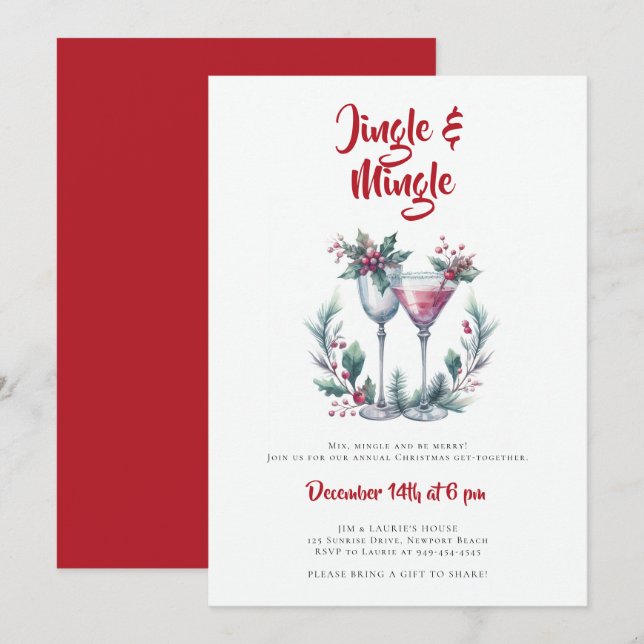 Invitation Jingle Mingle Cocktail Wreath Red Christmas Party (Devant / Derrière)