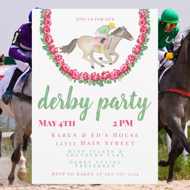 Invitation Jockey Cheval Roses d'aquarelle Derby Party (Créateur téléchargé)