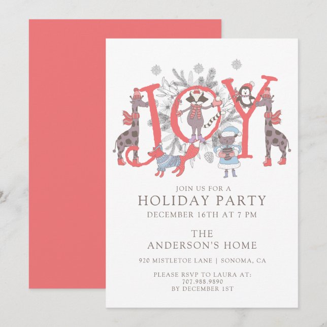 Invitation Joie Noël Animaux Fête Fête Fête Invitati (Devant / Derrière)