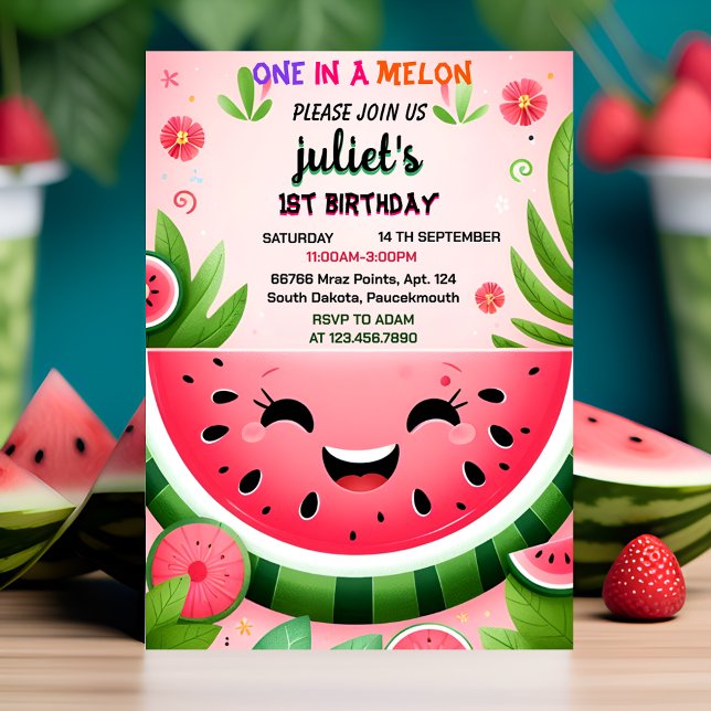 Invitation joie rose été un dans un melon premier 1er anniver (Créateur téléchargé)