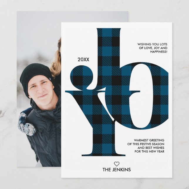 Invitation Joie Typographie Bleu Buffalo Plaid Photo Holiday (Devant / Derrière)