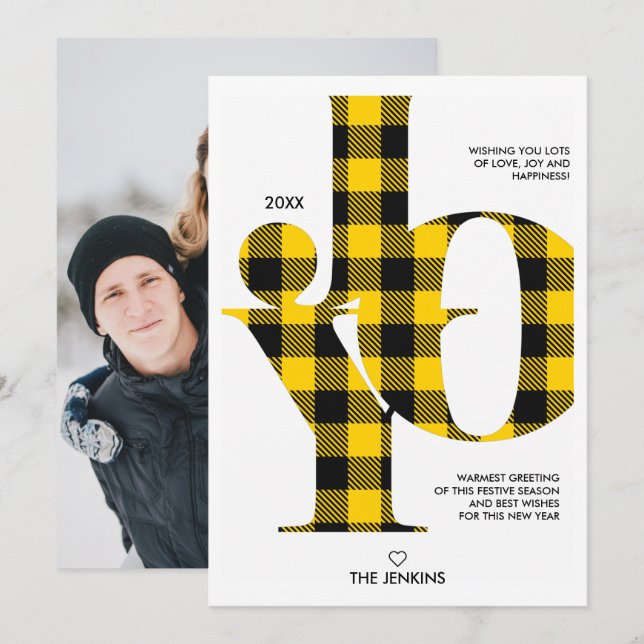 Invitation Joie Typographie Buffle Jaune Plaid Photo Holiday (Devant / Derrière)