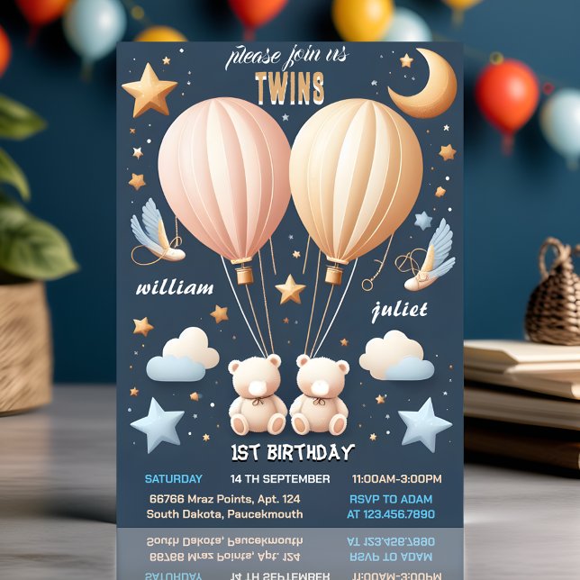 Invitation Joignez-vous à l'ours commun Hot Air Balloon Twins (Créateur téléchargé)