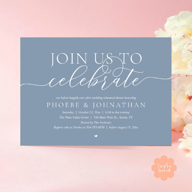 Invitation Join Us To Celebrate, Wedding Rehearsal Dinner (Join Us To Celebrate, Modern Classy Wedding Rehearsal Dinner Invitation card in dusty blue)