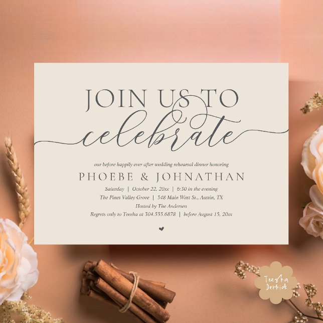 Invitation Join Us To Celebrate, Wedding Rehearsal Dinner (Join Us To Celebrate, Modern Classy Wedding Rehearsal Dinner Invitation card in cream grey)