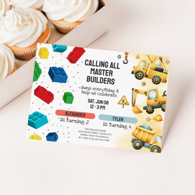 Invitation Joint Construction & Building Blocks Birthday (Dual Birthday Party Invitation - Building Blocks & Dump Trucks)