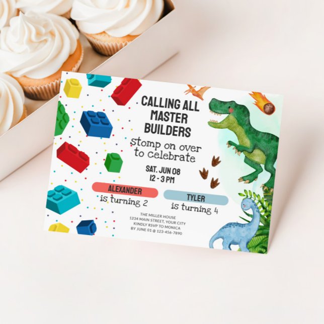 Invitation Joint Dinosaur & Building Blocks Sibling Birthday (Joint Kids Birthday Party Invite - Dinosaurs and Building Blocks)