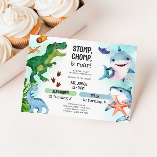 Invitation Joint Dinosaur & Sharks Sibling Birthday (Dual Birthday Party Invitation - Sharks and Dinosaurs)