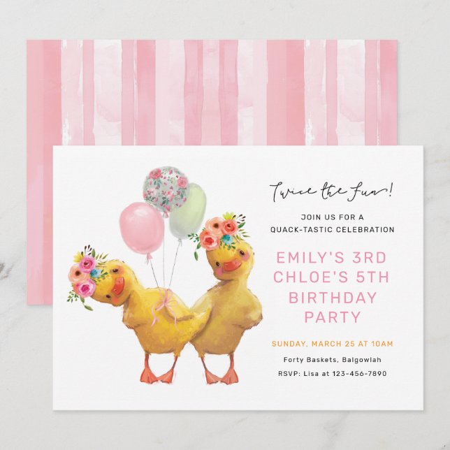 Invitation Joint Ducklings Birthday Invite, Siblings Friends  (Devant / Derrière)