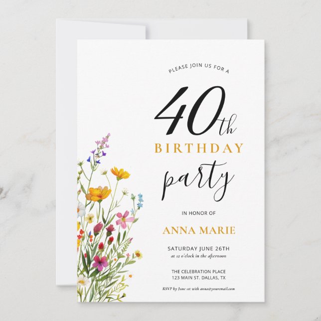 Invitation Joli 40ème anniversaire fête florale (Devant)