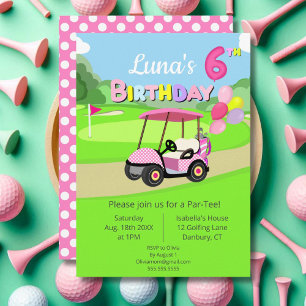 Invitation Joli 6ème Anniversaire Golf Féminin Rose à pois 