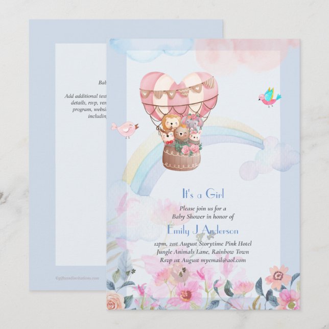 Invitation Joli Air Chaud Balloon Animaux Baby Girl Douche (Devant / Derrière)
