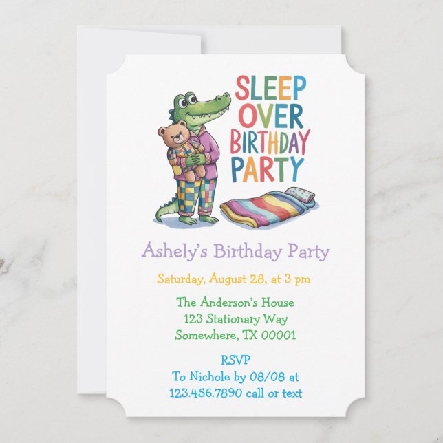 Invitation Joli Alligator Dormir pendant la fête d'anniversai (Devant)