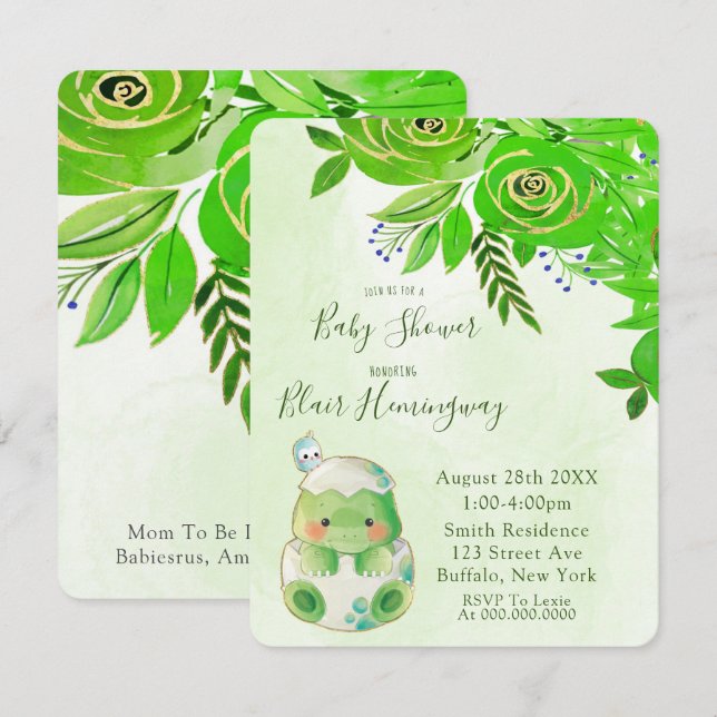 Invitation Joli Alligator Vert Baby shower de fleurs d'or (Devant / Derrière)