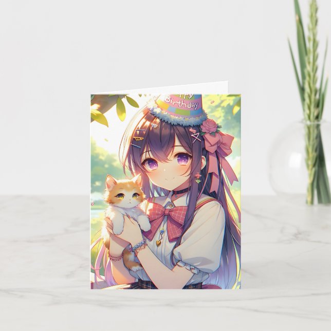 Invitation Joli Anime Holding Kitten Girl'Anniversaire (Devant)