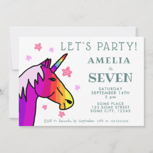 Invitation Joli Anniversaire Enfant Licorne Rose Colorée Étoi