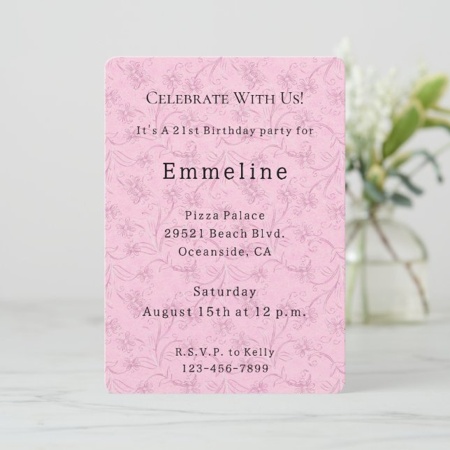 Invitation Joli anniversaire féminin rose floral rose (Debout devant)