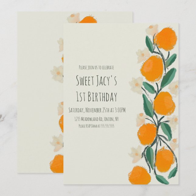 Invitation Joli Anniversaire Floral Botanique Orange Sucré (Devant / Derrière)