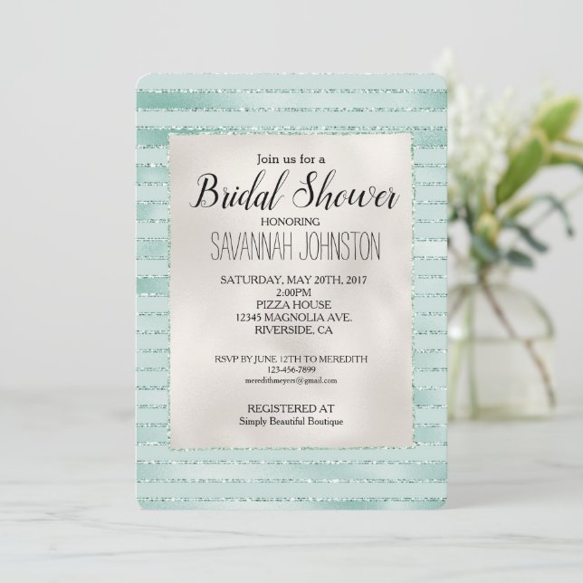 Invitation Joli Aqua Mint Glitzy Stripes Fête des mariées (Debout devant)