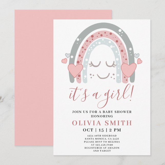 Invitation Joli arc-en-ciel rose C'est un Baby shower fille (Devant / Derrière)