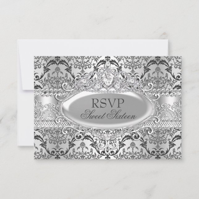 Invitation Joli Argent Damask Sweet 16 RSVP (Devant)